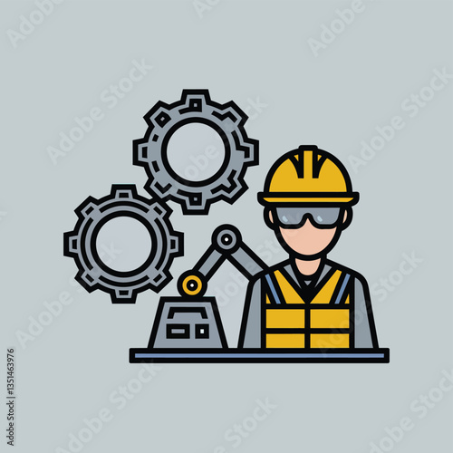 2d vector illustration colorful machine , worker and Industry and its development technology, factories and production lines icon

