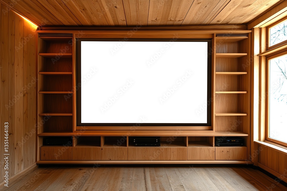Empty Screen Builtin Wooden Cabinetry Unit with Shelves Against Wood Wall, Interior