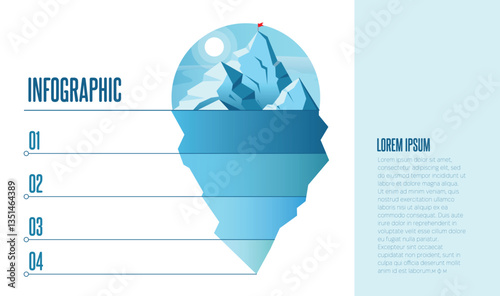 Iceberg infographic presentation slide template with steps For business analysis strategy planner Big blue iceberg in calm ocean water. Illustration of visible and hidden parts of iceberg
