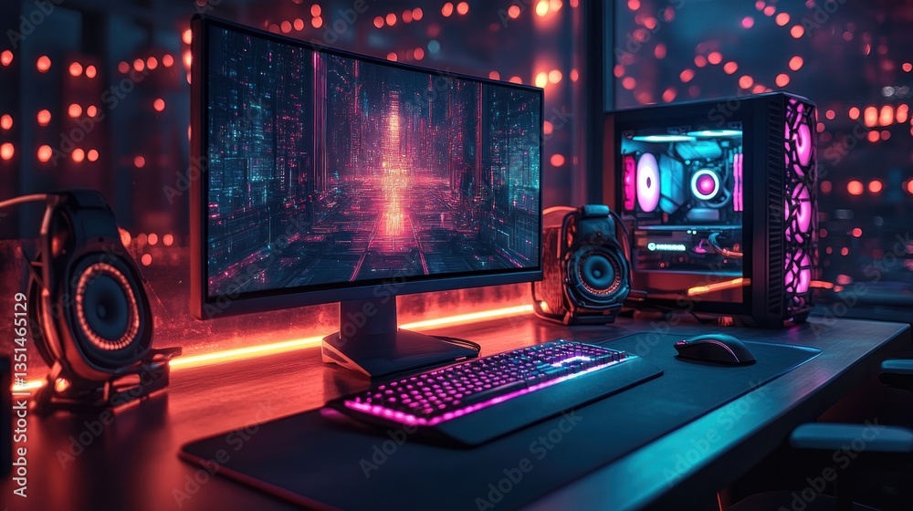 Gamer playing futuristic game on PC in neon-lit room at night Gamer playing futuristic game on PC in neon-lit room at night