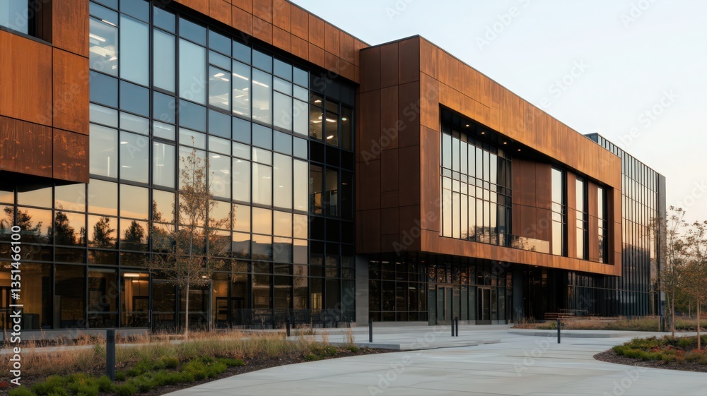 Obraz premium Modern Rusted Metal Building Exterior with Glass Facade at Sunset