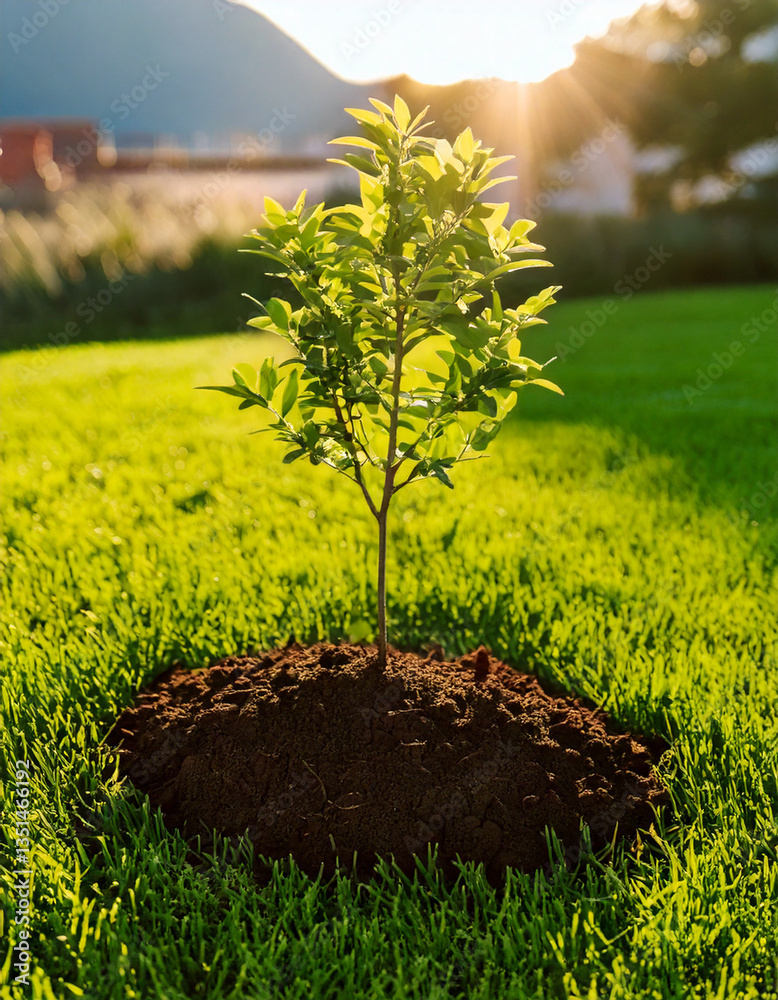 a freshly planted small tree