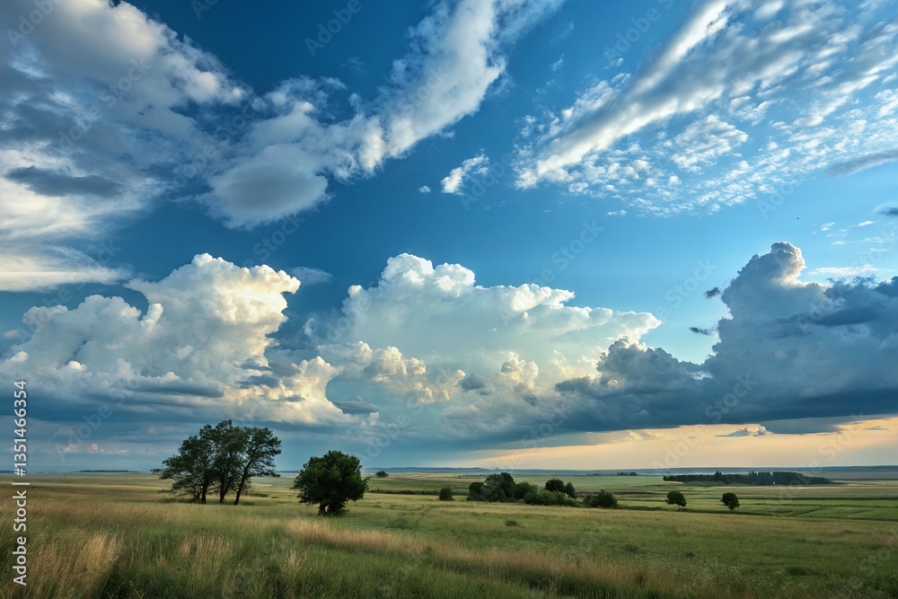 Serene prairie landscape under a vast, dramatic sky showcasing fluffy cumulus clouds and a peaceful horizon, bathed in the soft glow of sunset. Serene prairie landscape under a vast, dramatic sky showcasing fluffy cumulus clouds and a peaceful horizon, bathed in the soft glow of sunset.