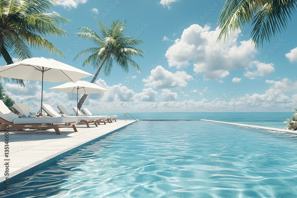Fototapeta premium Serene Infinity Pool with Loungers, Parasols, Palm Trees, and Ocean View Scene
