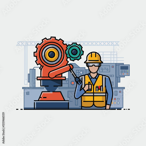 2d vector illustration colorful machine , worker and Industry and its development technology, factories and production lines icon
