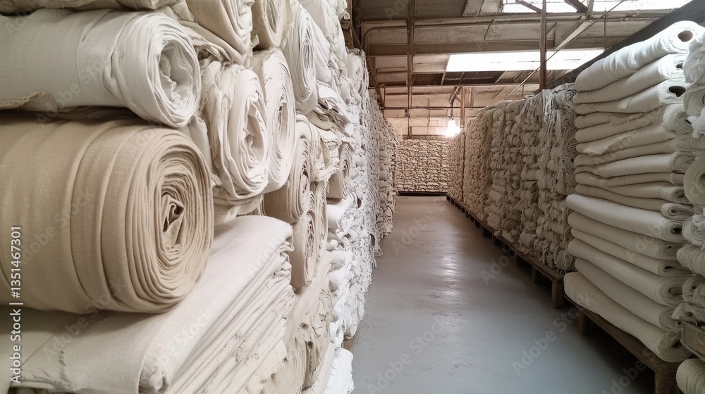 A textile shop showcasing rows of neatly stacked cotton fabric rolls. A textile shop showcasing rows of neatly stacked cotton fabric rolls.
