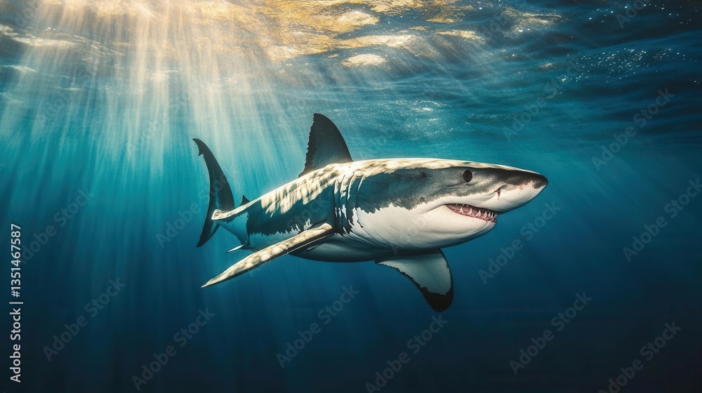 Obraz premium Graceful Great White Shark Swimming Underwater in the Depths of the Ocean with Rays of Light