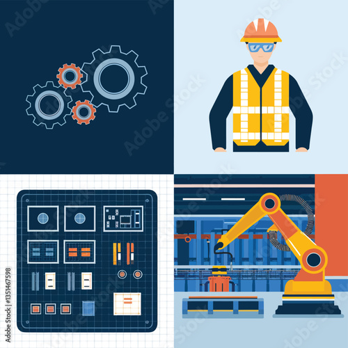 2d vector illustration colorful machine , worker and Industry and its development technology, factories and production lines icon
