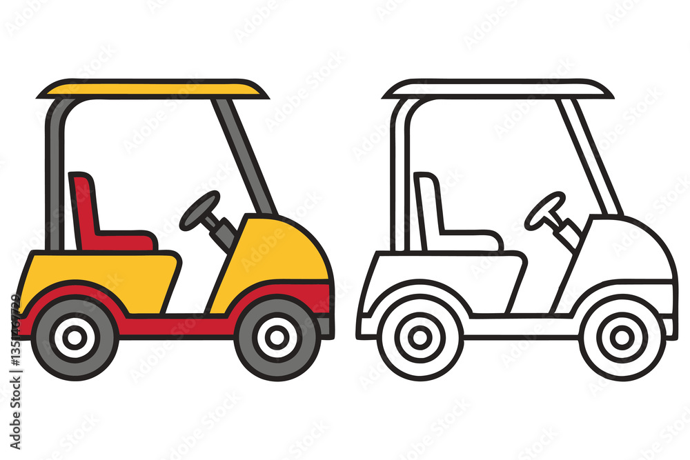 A Colorful Golf Cart and Its Outline Version for Coloring Pages A Colorful Golf Cart and Its Outline Version for Coloring Pages