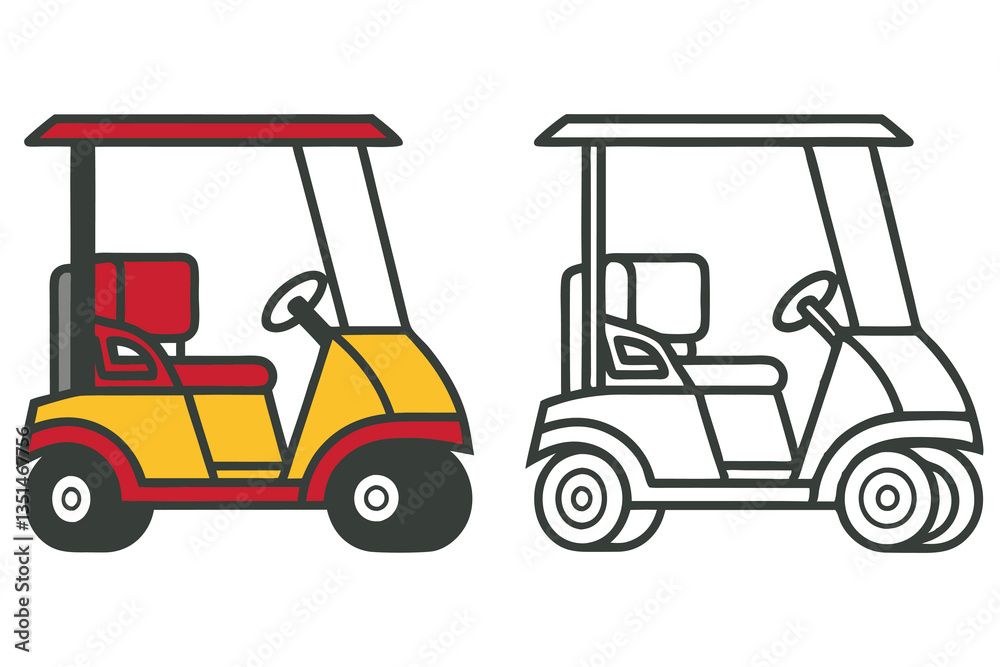 Obraz premium Golf Cart Illustration Color and Outline Versions Side View Transportation Vehicle