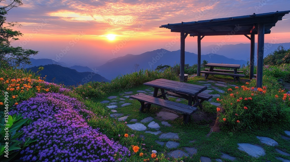 Obraz premium Mountaintop sunrise picnic gazebo scenic view