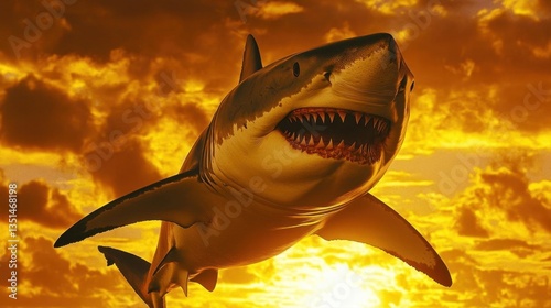 Wallpaper Mural Great White Shark Breaching the Surface at Sunset Over Ocean with Dramatic Sky and Colors Torontodigital.ca