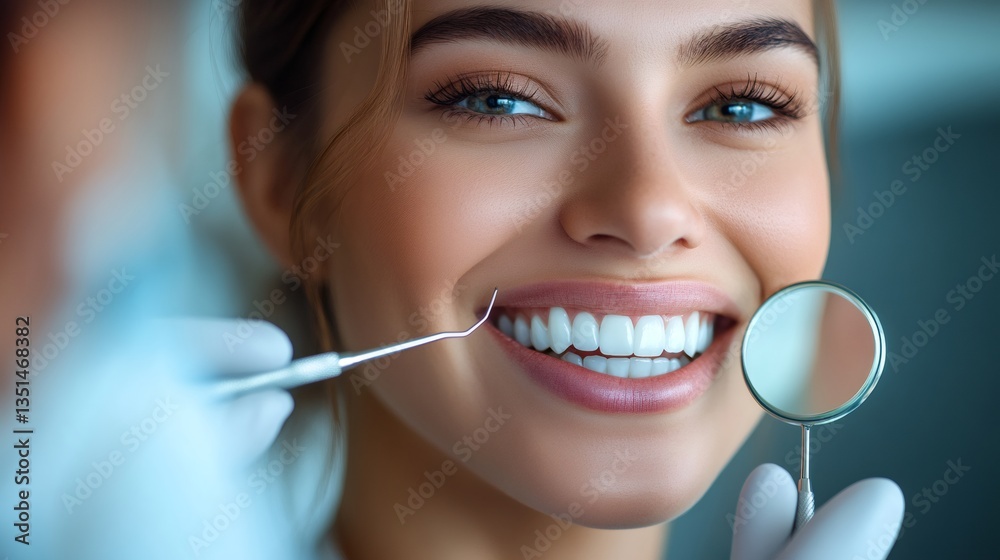 Dentist checking perfect teeth of smiling woman at dental clinic Dentist checking perfect teeth of smiling woman at dental clinic