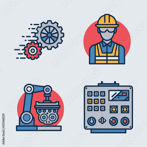 2d vector illustration colorful machine , worker and Industry and its development technology, factories and production lines icon
