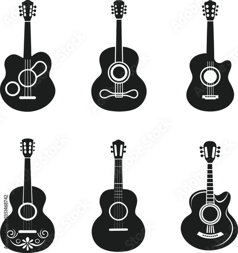 Set of Acoustic Guitar Silhouettes Vector - Black Musical Instrument Icons Collection