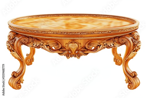 Carved antique wooden table with round top, isolated on white. Interior design