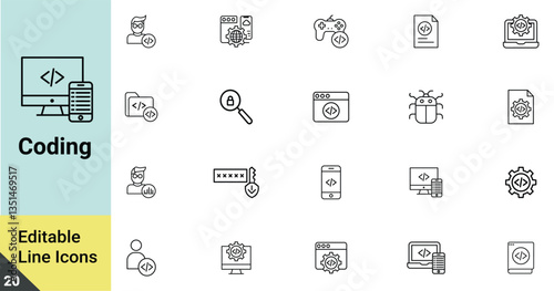 Coding and Programming Line Icons Set – Editable Outline Symbols, Wireless, shopping, hacker, network, server, programming, worldwide, and so on. Vector editable stroke
