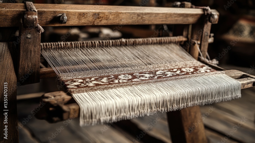 A wooden loom with partially woven fabric showing different thread layers. A wooden loom with partially woven fabric showing different thread layers.