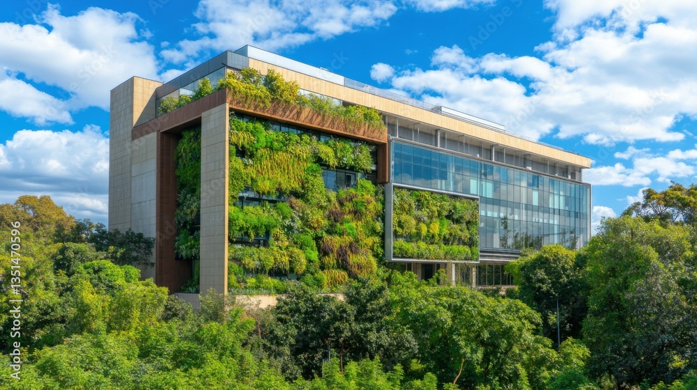Fototapeta premium Milan, Italy - August 29, 2019: Modern architecture, residential building, skyscraper with many plant, vertical garden, glass natural facade of real estate on blue sky background