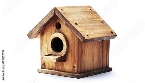 Close-up studio image of a wooden birdhouse, isolated on white with photorealistic detail and high-resolution clarity.