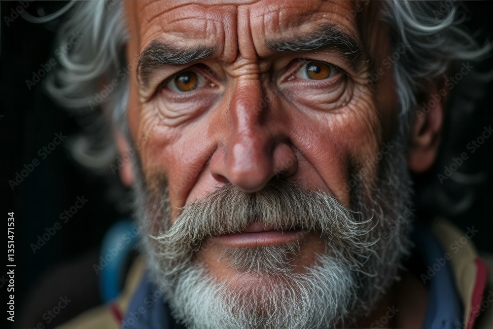 A man with a beard and gray hair is staring at the camera. He has a serious expression on his face