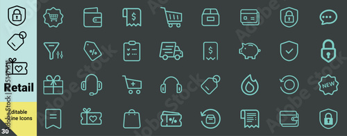 Retail and Shopping Line Icons Set – Editable Outline Symbols, retail icons, shopping icons, e-commerce symbols, online shopping, store icons, shopping cart, discount tag, wallet icon, payment methods
