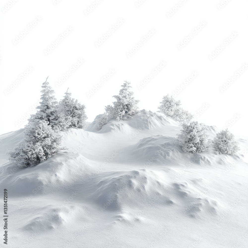 Fototapeta premium Snowy Hill with Evergreen Trees Covered with Frost, White Background, Winter Scenery