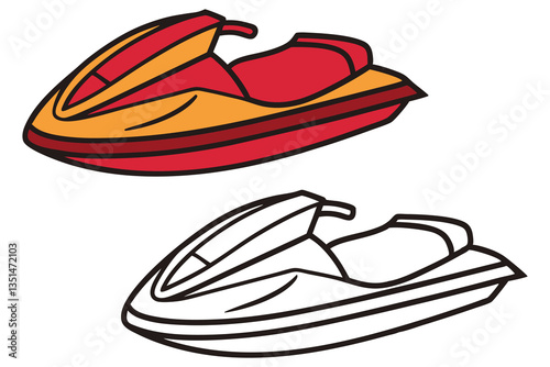 Cartoon illustration of a red and orange jet ski with a black and white outline version