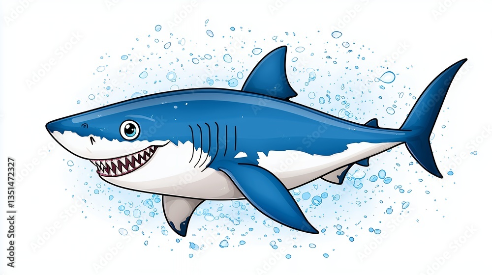Obraz premium Cartoon shark swimming in blue water with bubbles around it.