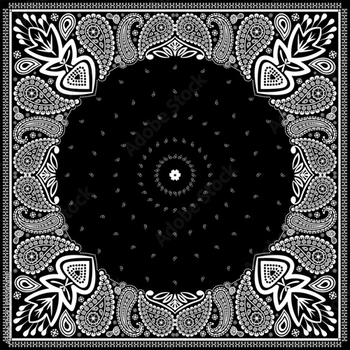 Bandana paisley square ethnic floral hand drawn pattern.Ornament classic vintage vector elements white on black background.Design for scarf,headscarf,kerchief,hijab,tablecloth,print fabric,decoration.