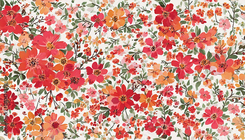 Floral pattern. Pretty flowers on a white background. Printing with small orange, red, and pink flowers. Ditsy print. Spring Bouquet.A white background, red and orange small flowers pattern.