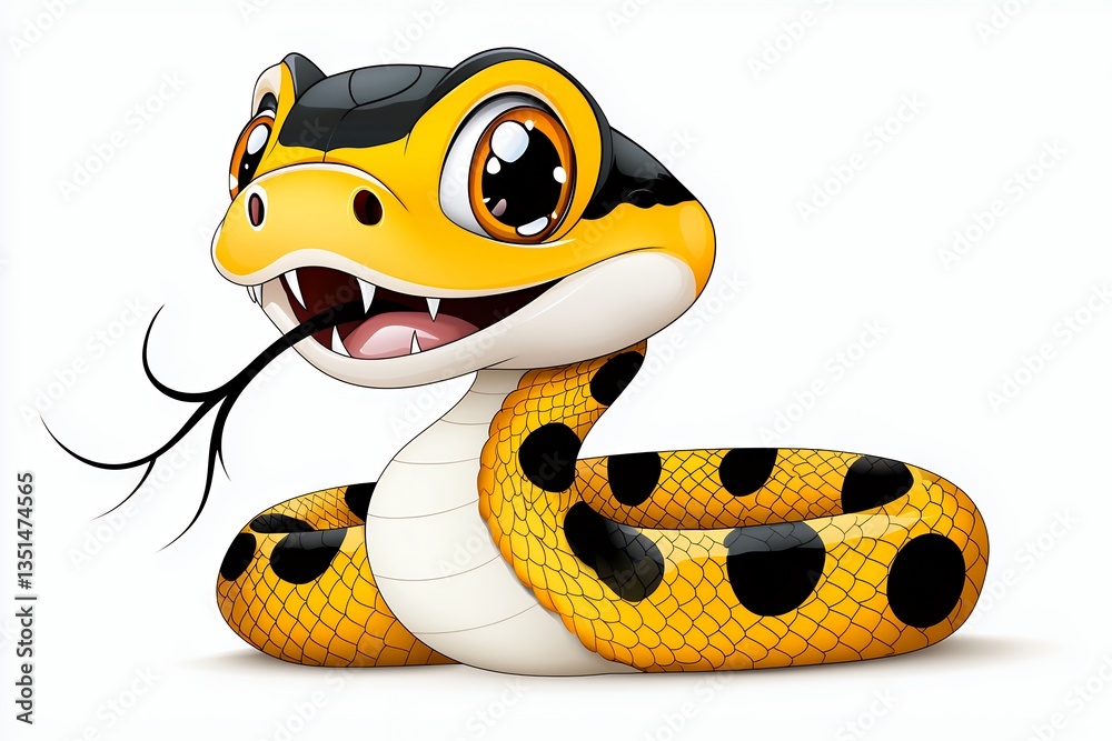 Fototapeta premium Cartoon snake with a cheerful expression and colorful patterns.