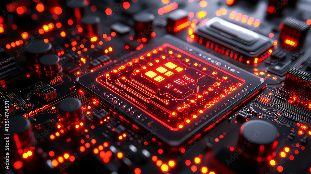Fototapeta premium Close-up of a Red-lit Circuit Board: High-Tech Processor and Microchip Details