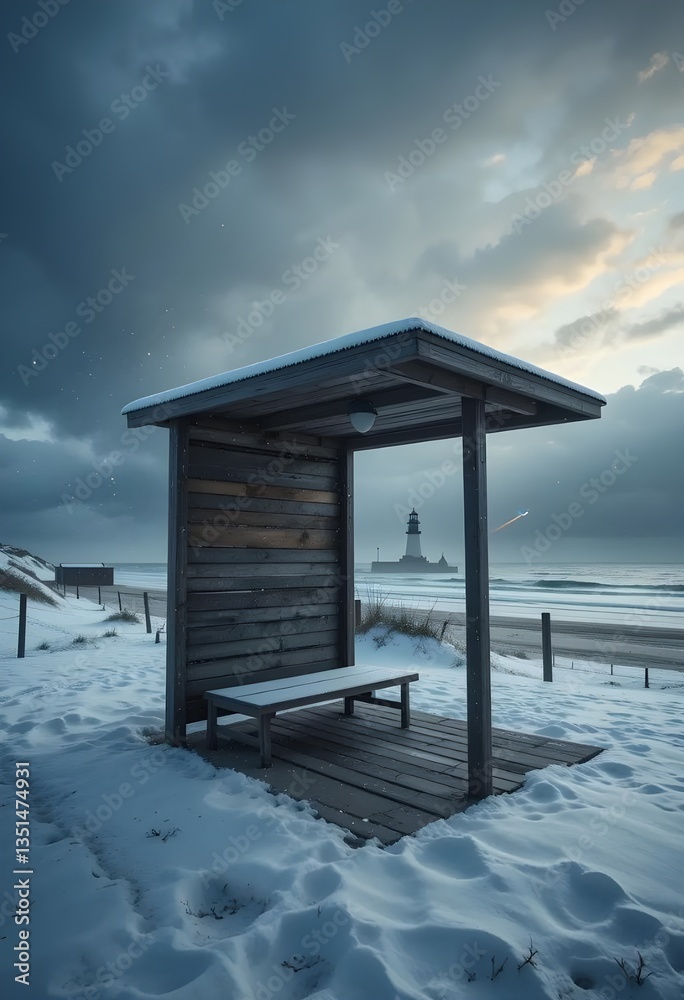 Winter beach shelter with wooden bench under cloudy sky Winter beach shelter with wooden bench under cloudy sky