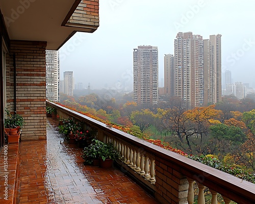 Rainy City View from Balcony