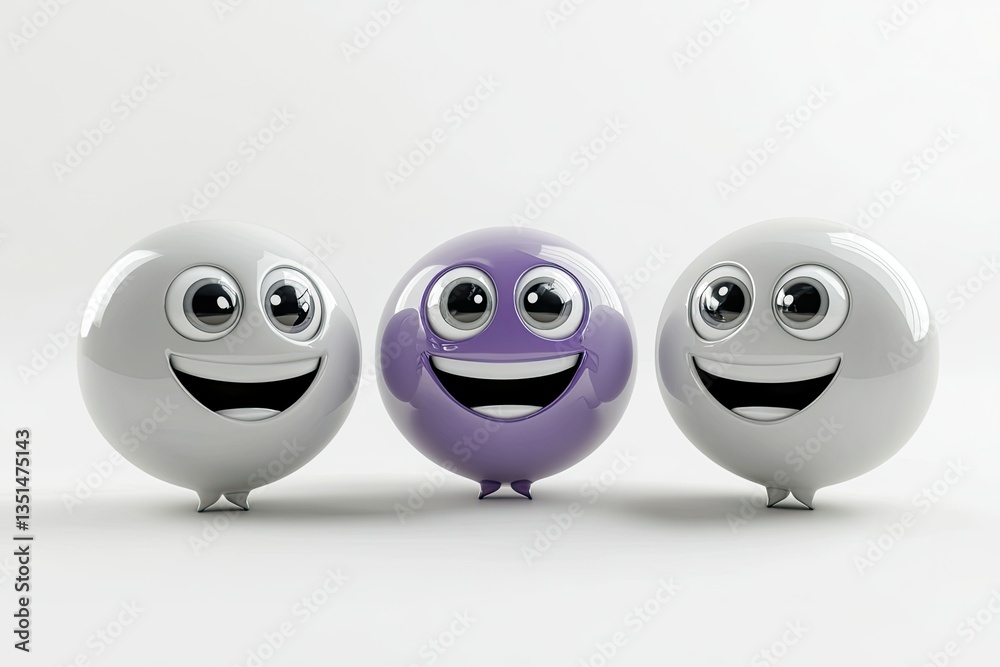 Obraz premium Three Smiling Spheres White, Purple, Cartoonish, Big Eyes, Reflective, Isolated