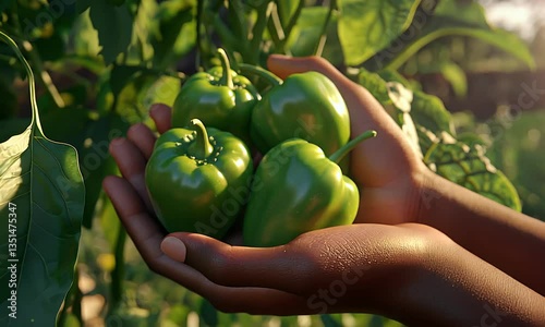Hands harvesting fresh green bell peppers in a garden at sunset; healthy food concept