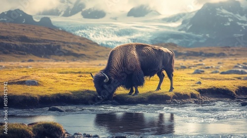 Majestic Bison Grazing By A Crystal Clear Stream In Front Of Snow-Capped Mountains And Glacier