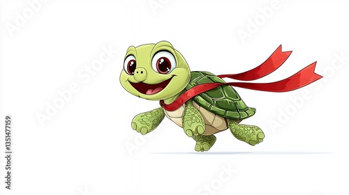 Cheerful cartoon turtle with a red scarf in motion.