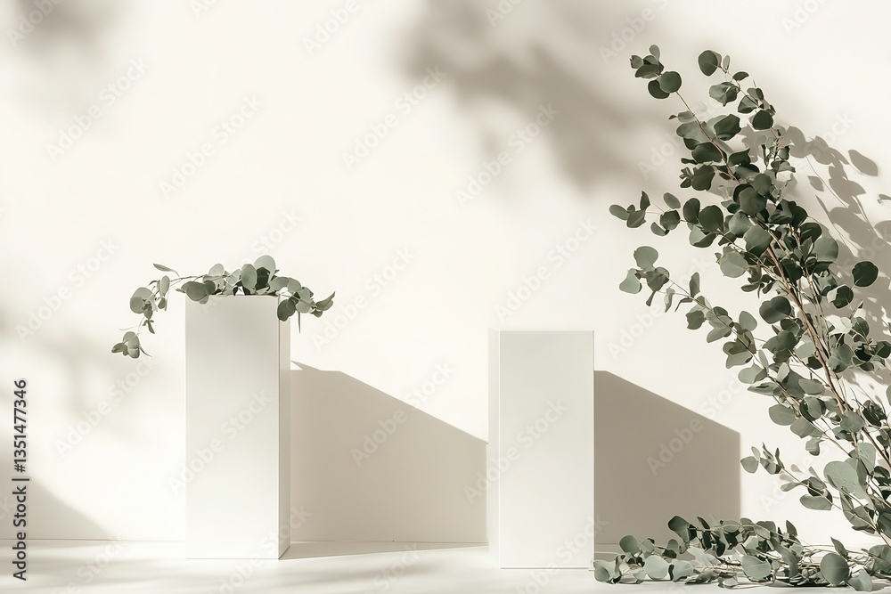 Fototapeta premium Minimalist White Pedestal Displays, Eucalyptus Branches, Neutral Backdrop