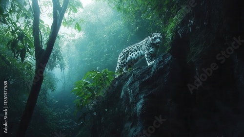 Majestic Jaguar Climbing a Rocky Outcrop in a Misty Tropical Jungle Undersoft Light