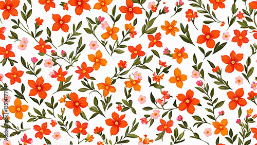 Floral pattern. Pretty flowers on a white background. Printing with small orange, red, and pink flowers. Ditsy print. Spring Bouquet.A white background, red and orange small flowers pattern.