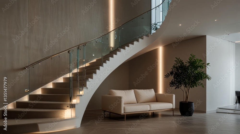 Obraz premium Modern, Curved Staircase Lobby