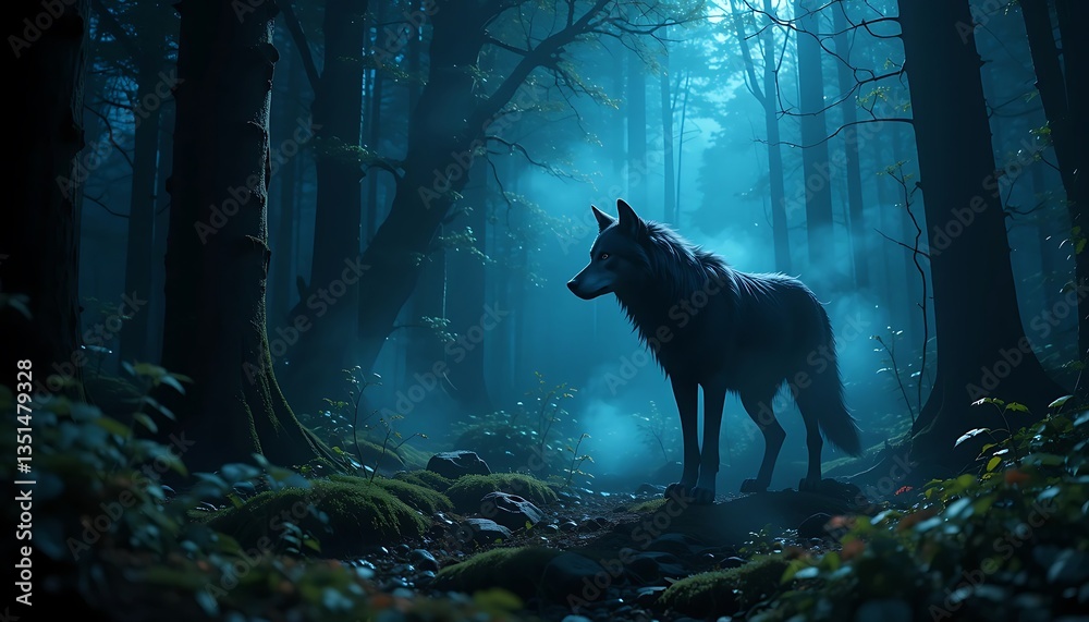 Fototapeta premium Lone Wolf Standing in Misty Forest Landscape at Twilight