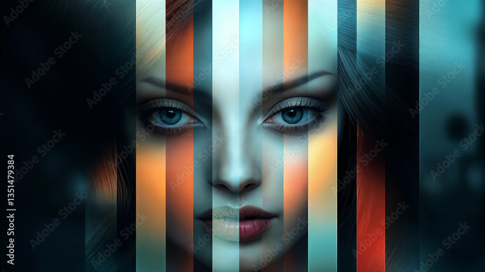 Abstract portrait, emphasizing the interplay of color and form through vertical stripes across the face.