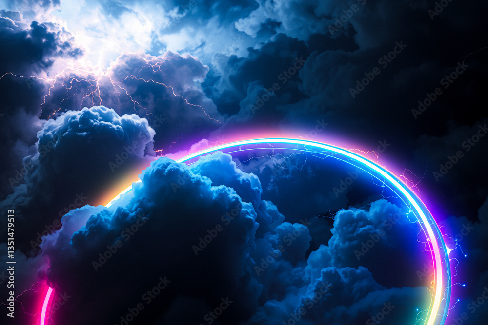 Fototapeta premium Stormy sky with lightning. Neon circle glows against dark clouds, contrasting natural power and artificial light.