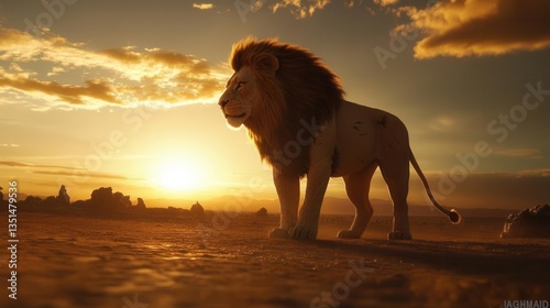 Majestic Lion Silhouetted Against a Golden Sunset in the African Savanna