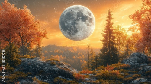 A vibrant landscape showcases the majestic moon and forest scenery