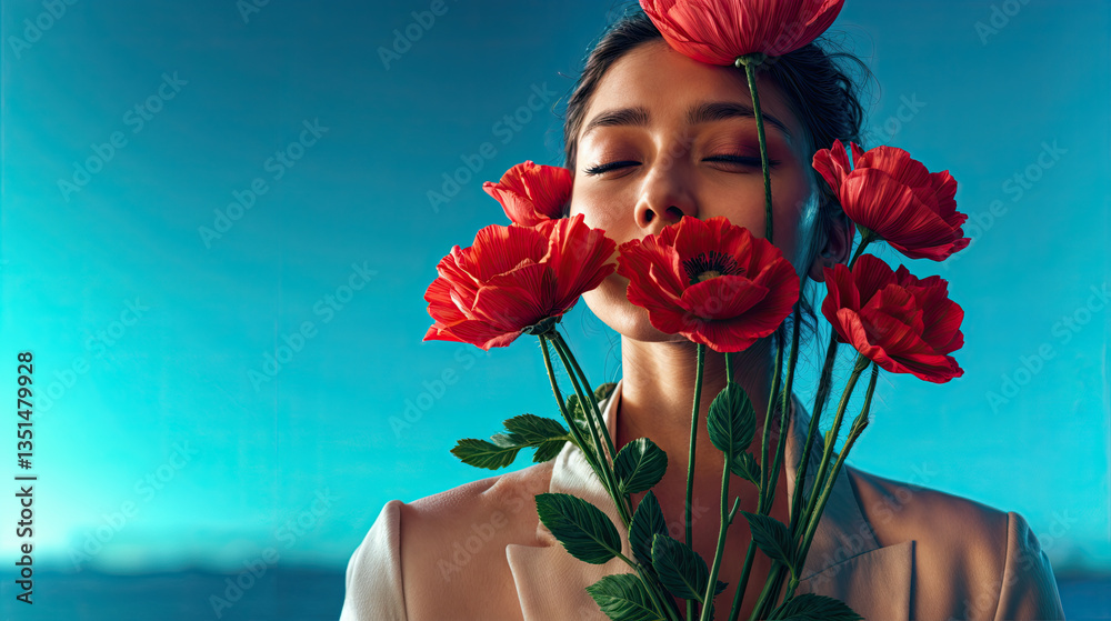 A woman, eyes closed, gazes serenely at a vibrant bouquet of red poppies against a vibrant turquoise backdrop.