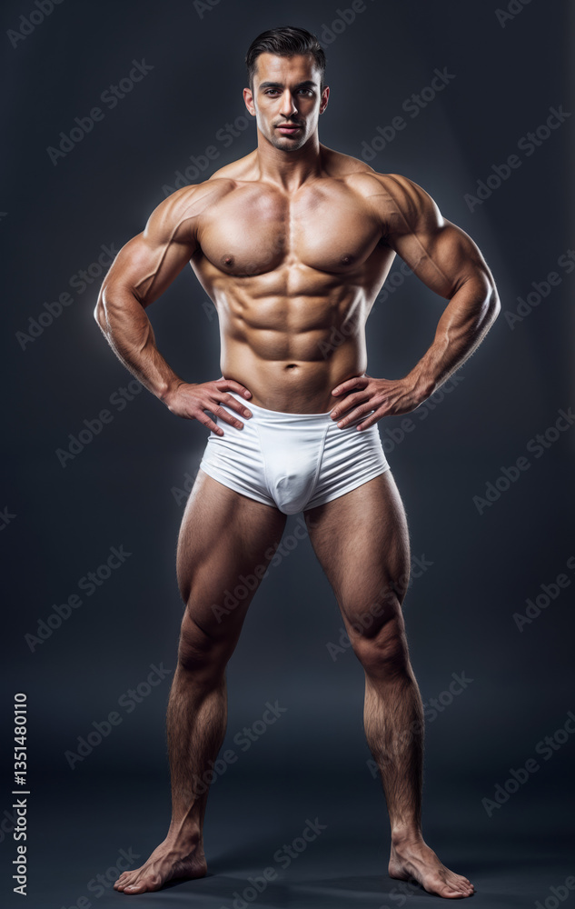 a muscular individual wearing white briefs, posing with hands on hips against a dark background.